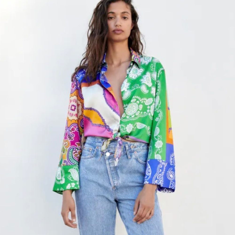 Zara Tied Patchwork Multicolored Button Down Shirt